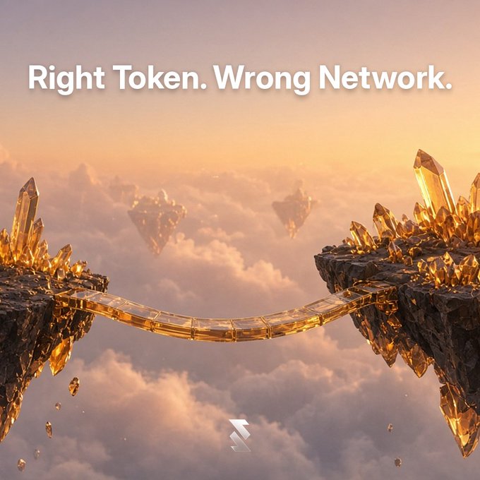 A fantasy landscape shows two crystal-covered cliffs joined by a glowing golden bridge above clouds, with the headline “Right Token. Wrong Network.” and a Solana logo near the bottom.