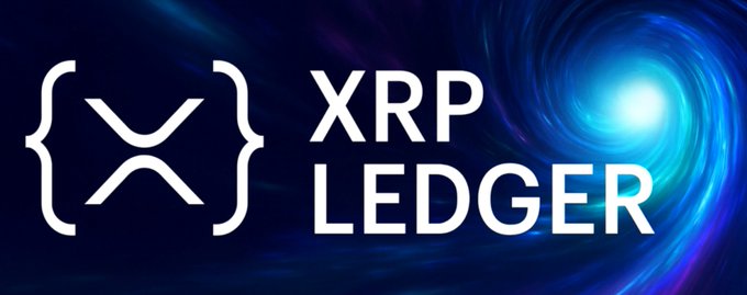 The image displays the official "XRP Ledger" logo, featuring the distinctive stylized "X" symbol in curly braces beside the text, set against a swirling blue cosmic background. The logo ties directly into the post's discussion of the XLS-56 amendment, which introduces atomic batch transaction functionality to the XRP Ledger network for asset managers.