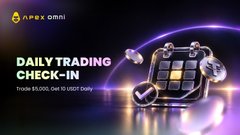 Apex Omni promotional graphic for a 'Daily Trading Check-In' promotion, offering a trade bonus up to $5,000, featuring a glowing metallic trading cube and checkmark.