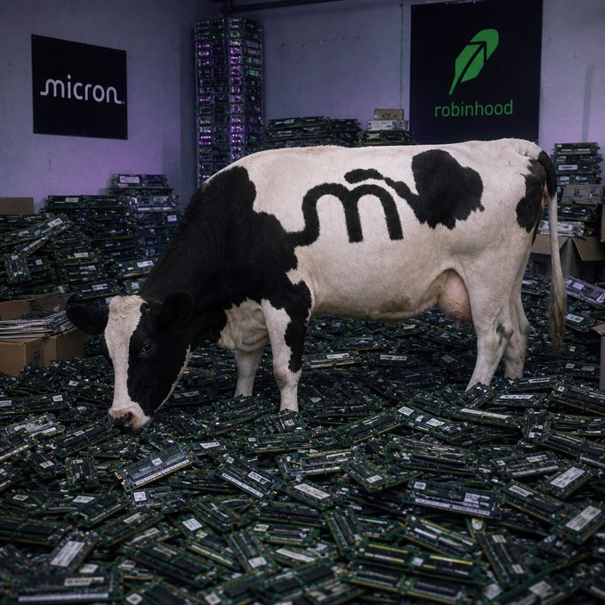 A cow with "MU" painted on its side stands amid a massive pile of Micron RAM sticks, with Micron and Robinhood logos visible on the walls behind it—visually tying the "MOO" hype to Micron's memory supercycle.