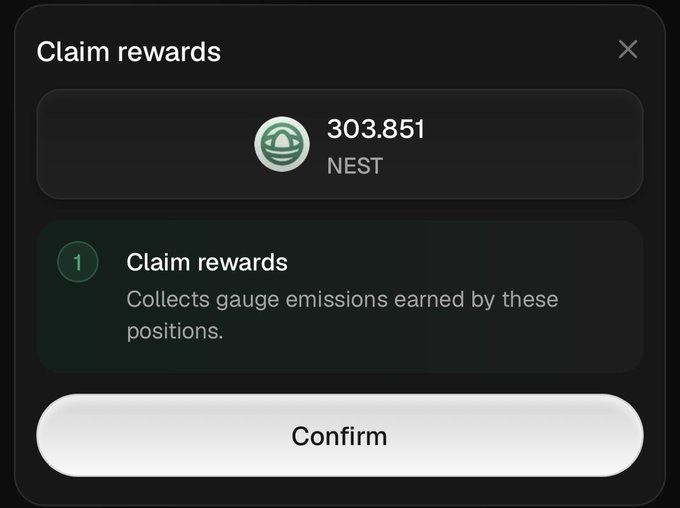 A mobile app interface displays a 'Claim rewards' pop-up for collecting 303.851 NEST tokens from gauge emissions, with a 'Confirm' button.