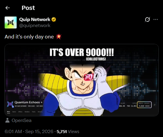 A social media post by Quip Network (@quipnetwork) featuring a Dragon Ball Z character (Vegeta) with a scouter displaying 'IT'S OVER 9000!!! (COLLECTORS)', referencing an NFT collection on OpenSea.