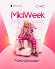 An advertisement features a person with long blonde hair in a pink striped suit sitting on a white chair, with text 'MidWeek' and 'Halfway there! Weekends is closer than you think, work smart!'