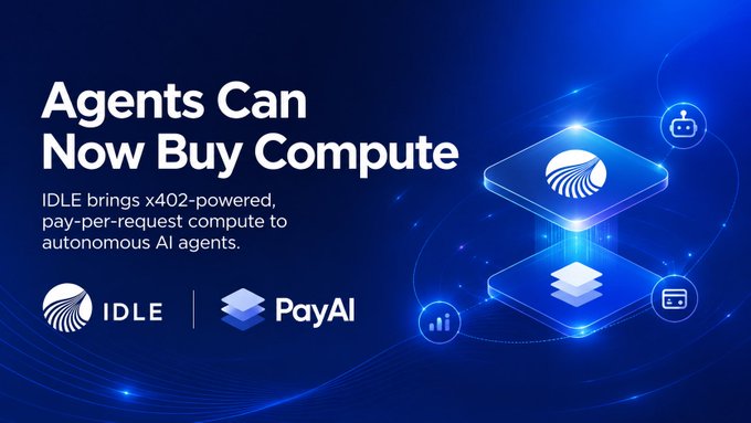 The image features a blue background with white text that reads "Agents Can Now Buy Compute". Below this, there are three icons representing different AI agents: an agent selling computing power for x402-compatible systems, another AI agent offering paymentless computing services, and a third AI agent providing computing solutions. The text also mentions the Solana community and how they can now access IDLE's compute network to purchase and consume computing resources.