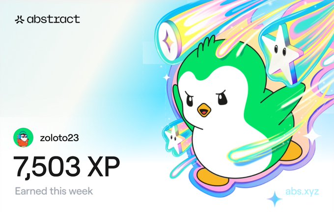 A screenshot from the Abstract app showing user 'zoloto23' earned 7,503 XP this week, displayed with a colorful cartoon penguin mascot.