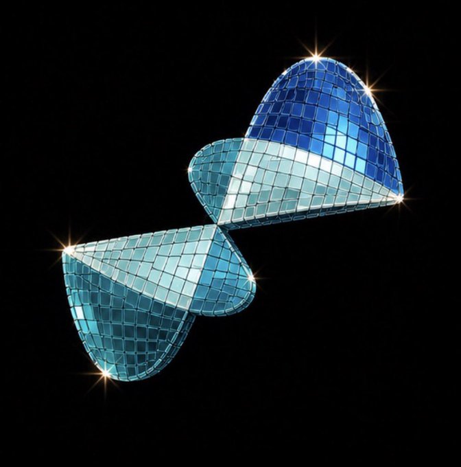 Two blue mirrored heart-shaped disco balls float against a black background, sparkling with bright light reflections.