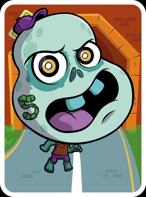 A cartoon zombie character with a large round head, bulging eyes, purple lips, a green worm on its cheek, and a small purple hat, standing on a road in a stylized setting.