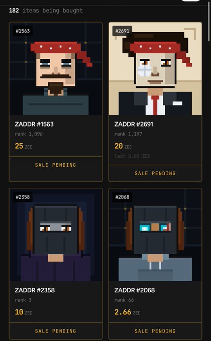 A dark-themed NFT marketplace showing pixel-art character collectibles labeled 'ZADDR' with IDs #1563, #2691, #2358, and #2068, priced in ZEC cryptocurrency and marked as 'SALE PENDING'.