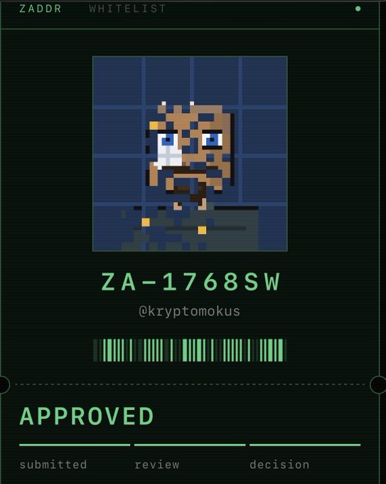 A ZADDR whitelist approval card for user @kryptomokus (ID: ZA-1768SW) featuring a pixel art owl avatar and a barcode, marked APPROVED with submitted, review, and decision status indicators.