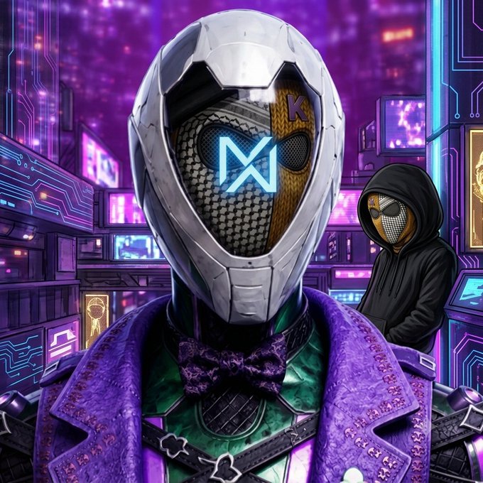 Digital artwork featuring a futuristic figure in a metallic helmet and purple jacket with a Near Protocol (NEAR) logo, alongside a hooded figure in a cyberpunk-style city background.