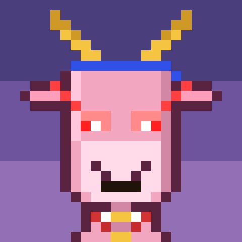 A pixel art portrait of a pink character with golden antlers, red eyes, and a blue headband against a purple background.