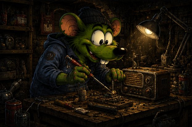 A digital illustration of a green cartoon rat/mouse character wearing a beanie and hoodie, working on electronic components with a screwdriver under a desk lamp in a dimly lit workshop.