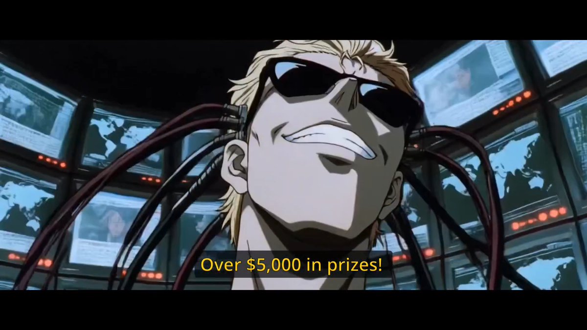 An anime scene featuring a blonde character with sunglasses connected to cables, surrounded by monitors showing world maps, with the subtitle 'Over $5,000 in prizes!'