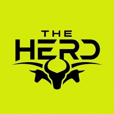 A logo on a bright yellow background featuring the black text 'THE HERD' above a stylized, horned animal skull.