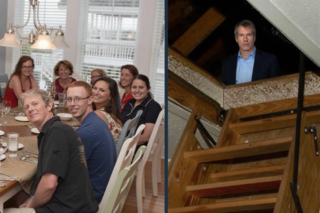 A large family gathers around a dining table for a meal, while on the right, a man in a blue shirt stands awkwardly at the top of a staircase, looking down as if reluctantly joining the group. The caption humorously suggests he's a "little investor" being called out by family members about his cryptocurrency holdings.