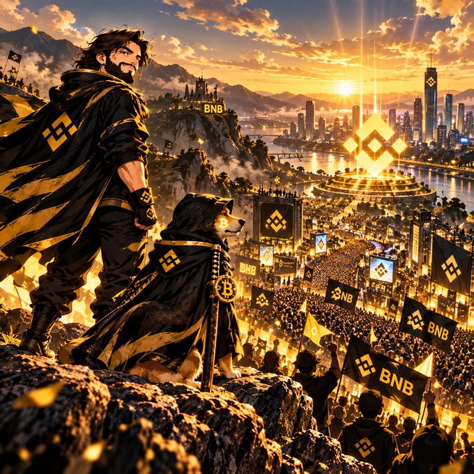Epic digital artwork depicting a bearded warrior and his dog companion in hooded capes adorned with BNB logos, overlooking a massive crowd waving BNB flags beneath a glowing BNB diamond symbol against a sunset cityscape.