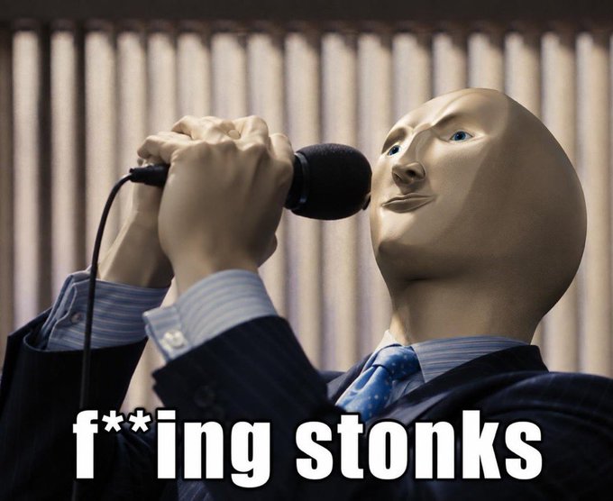 A mannequin-headed figure in a business suit holds a microphone, with the bold caption “f**ing stonks” across the bottom.