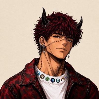 An anime-style character with dark red spiky hair, two black horns, stitched facial markings, and a beaded necklace over a red plaid jacket appears as a stylistic profile image, unrelated to the vouch exchange and tweet mentions in the post.