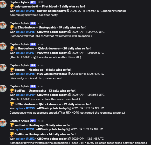 A Discord chat log from user 'Captain Aglaia' (APP bot) showing multiple trading wins on the qblock platform, including messages about 'First blood - 3 daily wins' and 'Unstoppable - 19 daily wins' with timestamps from 2026-09-11.