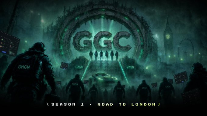 A dark, dystopian promotional graphic with figures approaching a large archway displaying 'GGC' in green light, with the tagline '(SEASON 1 - ROAD TO LONDON)'.