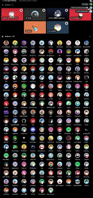 Inner Spice Meeting platform screenshot displaying 'Speakers' avatars at the top, a 'DEVA ENGAGEMENT ROOM', and a large grid of user audience avatars.