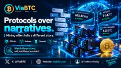 An advertisement graphic for ViaBTC featuring the text 'Protocols over narratives' and 'Mining often tells a different story,' with cryptocurrency price tags ($15.22, $1.47, $38,580).