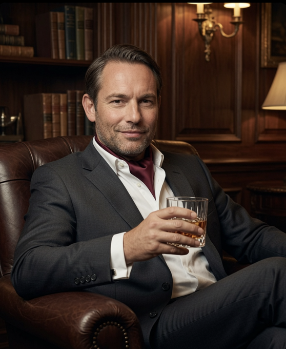 A portrait of a distinguished-looking man in a dark suit with a burgundy ascot, sitting in a leather armchair in a wood-paneled library while holding a glass of amber liquor.