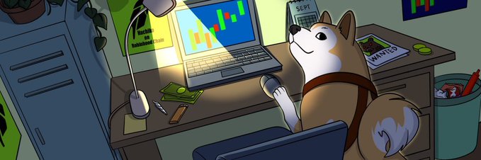 A Shiba Inu dog sits at a desk watching a laptop displaying stock/crypto charts, with a "Hachiko No Robosuboshi" poster and a "WANTED" paper visible nearby. The image ties into the post by depicting the legendary loyal Hachiko, now reimagined as a crypto token ($HACHI) launching soon.