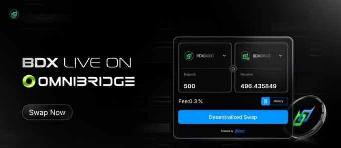 A promotional banner for 'BDX LIVE ON OMNIBRIDGE' showing a decentralized swap interface converting 500 BDX to 496.435849 BDX (BSC) with a 0.3% fee.