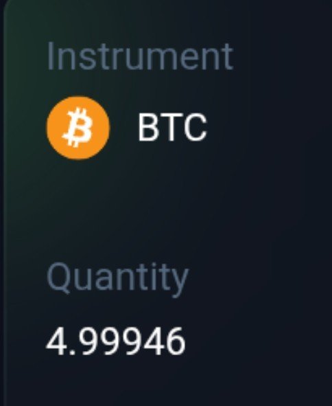 A cryptocurrency trading screen displays the 'BTC' instrument with a quantity of '4.99946'.