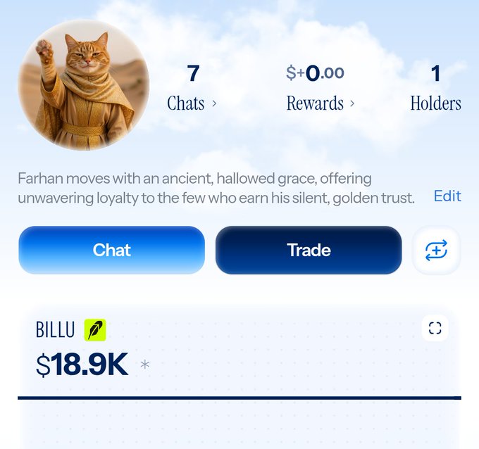 A profile page for 'Farhan' featuring a cat-like avatar in monk robes, showing 7 chats, $0.00 rewards, 1 holder, with a token 'BILLU' valued at $18.9K.