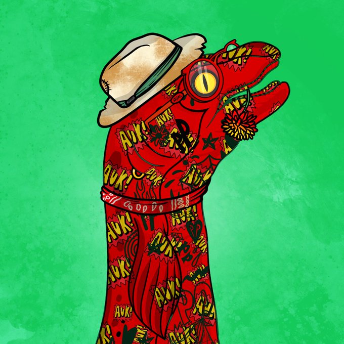 A pop-art style illustration of a red crocodile or alligator covered in comic-style 'AUK!' graphics, wearing a straw hat and goggles, set against a green background.