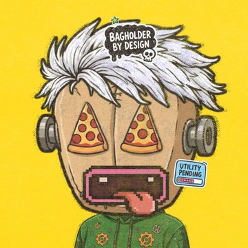 A cartoon illustration of a character with pizza slices for eyes, headphones, and pink sunglasses in mouth, wearing a sign reading 'BAGHOLDER BY DESIGN' against a bright yellow background.