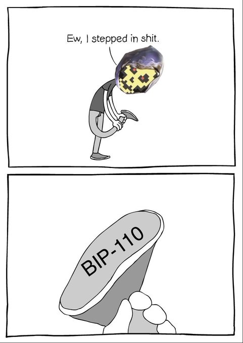 A two-panel comic meme showing a character with a Minecraft-style creeper head looking at their shoe saying "Ew, I stepped in shit," followed by a close-up of the shoe sole labeled "BIP-110" — a humorous reference to Bitcoin Improvement Proposal 110.