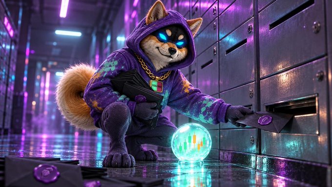 A Shiba Inu dog dressed in a purple hoodie and outfit with glowing blue eyes holds a gun while interacting with a glowing orb and envelopes in a neon-lit cyberpunk environment.