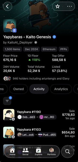 An OpenSea NFT collection page for 'Yapybaras - Kaito Genesis' on Ethereum, showing a floor price of 675.16$ and recent sales activity.