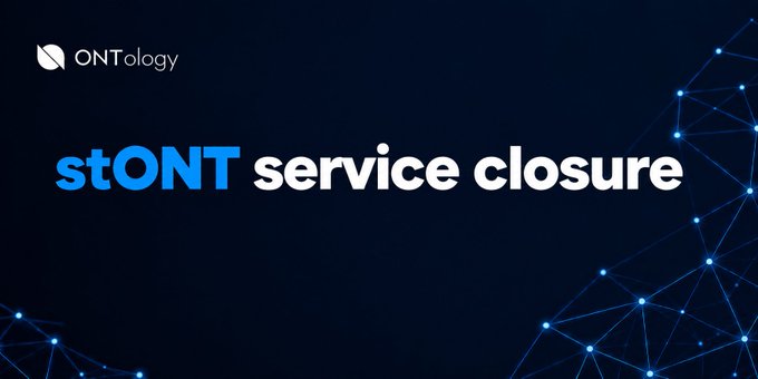 A graphic from 'ONTology' announcing the 'stONT service closure' against a dark blue background with a network node design.
