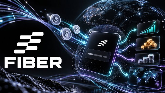 A promotional graphic for 'FIBER' featuring a black logo with white text, depicting a stylized credit card, dollar coins, gold bars, and various financial charts against a cosmic background.