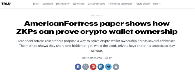 A TNW article headline reading "AmericanFortress paper shows how ZKPs can prove crypto wallet ownership," dated September 24, 2026.