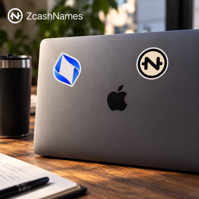 A promotional image for ZcashNames showing the back of an Apple laptop with a Zcash logo sticker and the ZcashNames "N+" logo sticker, placed on a wooden desk.