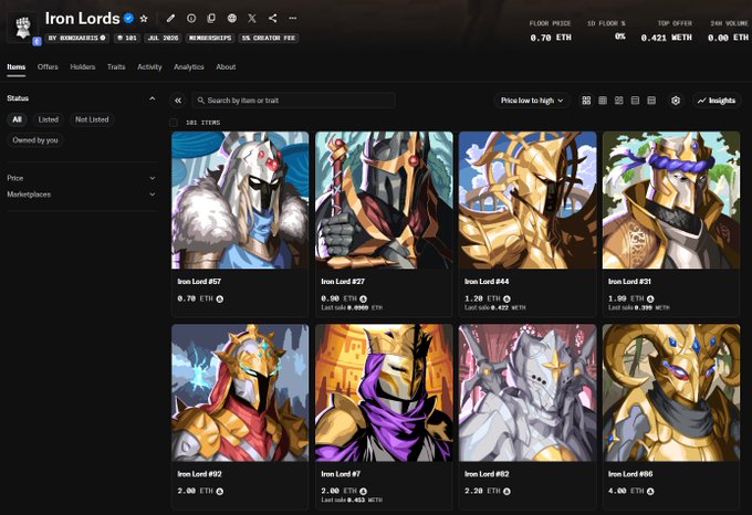A screenshot of the OpenSea NFT marketplace displaying the 'Iron Lords' collection by bingobara83, with items priced between 0.70 ETH and 4.00 ETH.