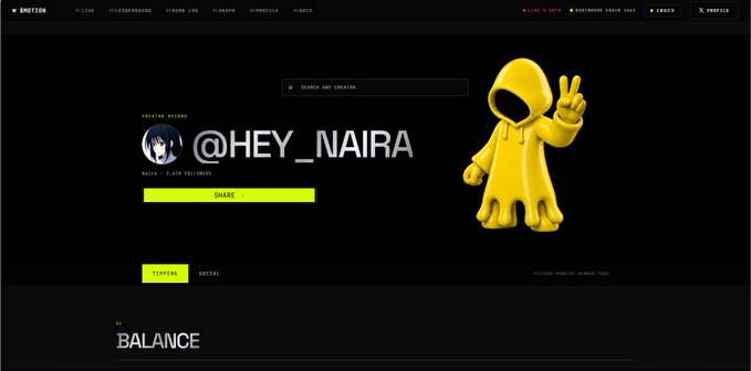 A screenshot of the SHOTON website displaying the creator profile "@HEY_NAIRA" with a yellow octopus-like character holding a peace sign.