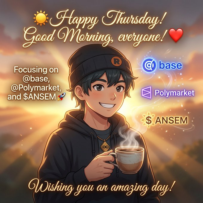 An anime-style graphic with text 'Happy Thursday! Good Morning, everyone!' and 'Wishing you an amazing day!' features a character in a beanie holding coffee, highlighting @base, @Polymarket, and $ANSEM.