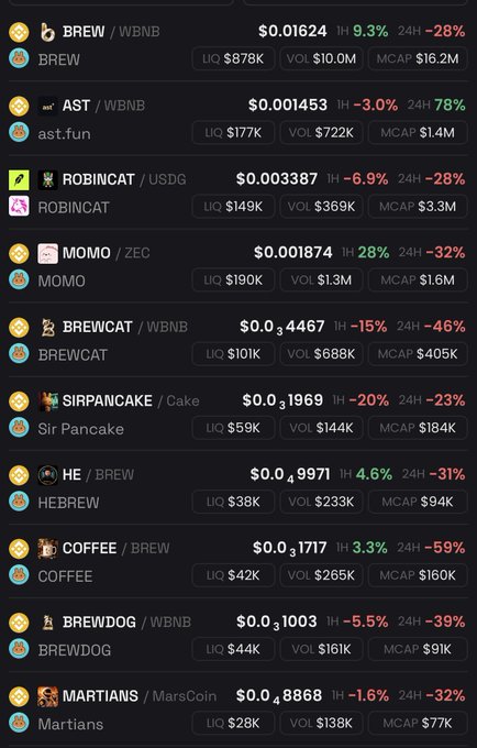 A cryptocurrency exchange interface listing meme tokens including BREW ($0.01624), AST ($0.001453), ROBINCAT ($0.003387), MOMO ($0.001874), BREWCAT ($0.03467), SIRPANCAKE ($0.031969), HEBREW ($0.049971), COFFEE ($0.031711), BREWDOG ($0.031003), and MARTIANS ($0.048868) with various 1H and 24H percentage changes mostly in red.