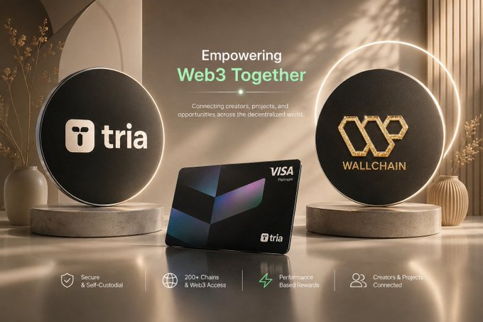 The image features two black circles, one with a "Visa" logo and the other with a "Wallchain" logo. The text above them reads "Empowering Web3 Together", indicating that these projects are working together to create a more accessible and user-friendly experience for everyone involved in the world of cryptocurrency.
