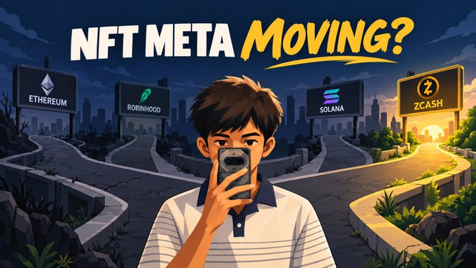 An illustrated thumbnail titled 'NFT META MOVING?' showing a person holding a smartphone in a setting with billboards for Ethereum, Robinhood, Solana, and Zcash.