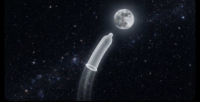 A translucent plastic bottle floats upward through a starry night sky toward a full moon, trailing a stream of particles behind it.