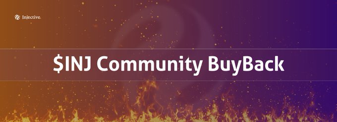 A promotional banner for Injective cryptocurrency announcing '$INJ Community BuyBack' with a fiery orange and purple background.