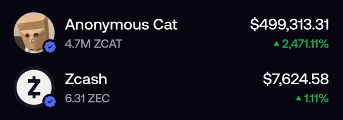 A cryptocurrency portfolio showing 'Anonymous Cat' with 4.7M ZCAT valued at $499,313.31 (+2,471.11%) and 'Zcash' with 6.31 ZEC valued at $7,624.58 (+1.11%).