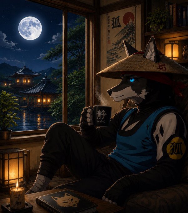 An illustration of an anthropomorphic wolf character wearing a traditional straw hat and blue vest, sitting and holding a cup with the character "静" (tranquil/calm), with a moonlit Japanese-style landscape and temple visible through the window.